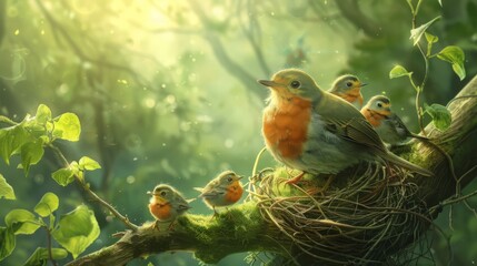 A mother bird is sitting in a nest with her four chicks. The nest is in a tree and the mother bird is looking at her chicks.