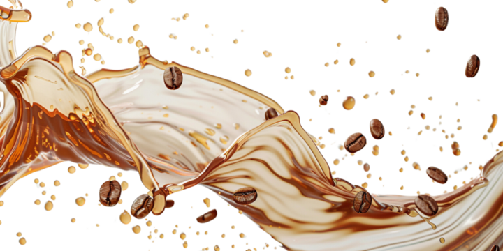 Milk Brown coffee liquid swirl splash and little bubbles with falling coffee Beans isolated white on background