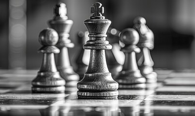 Close-up of chess pieces on a board, focusing on strategic placement