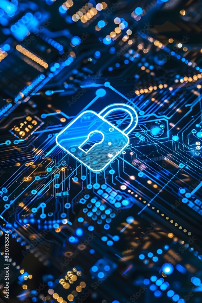 Poster a closeup of an electronic circuit board with glowing padlock icon, symbolizing the concept of digit