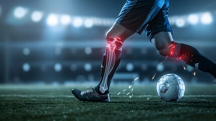 Image of a soccer player with evident discomfort and redness in the knee region during ball kick