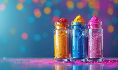 Coloured Pigments in Glass Containers. Colourful Holi Celebration Concept with Copy-space