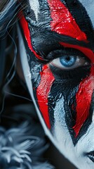 Close-up of a woman with striking blue eyes and dramatic red-black face paint, evoking a sense of mystery.