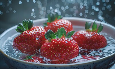 Close-up of four Strawberries in a bowl of water