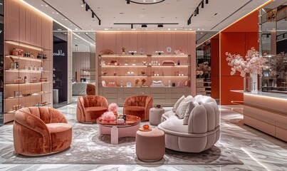 Modern interior design of a luxury cosmetics shop: modern space with elegant furniture