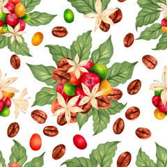 Seamless pattern of Arabica and Robusta coffee berries with beans, leaves and flowers. Illustration with watercolors and markers. Hand drawn isolated wallpaper. Coffee day. Background for packaging