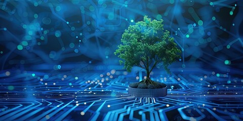 Tree with soil growing on the converging point of computer circuit board. Blue light and wireframe network background.