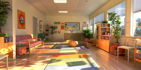 empty school classroom with view of sunny day outside, perfect setting for story time or quiet reading, created with generative. 
