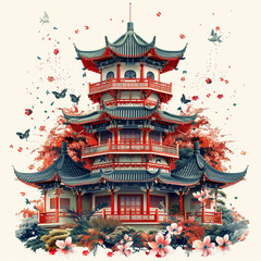 Fototapeta premium Pagoda Surrounded by Flowers and Butterflies