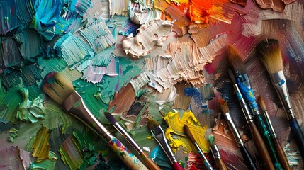 Obraz premium Abstract image of an artist's colorful palette and brushes, symbolizing the fusion of tradition and innovation in the creative process