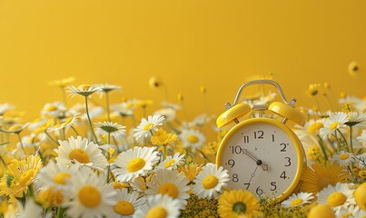 Creative idea layout alarm clock on yellow background with chamomile.