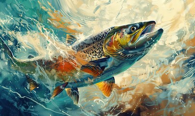 Colorful picture of chinook salmon fish swimming in a strong current of blue fresh river water.