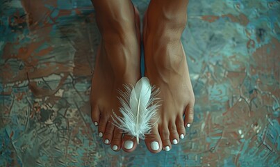A woman's bare feet with a white, soft feather on them.
