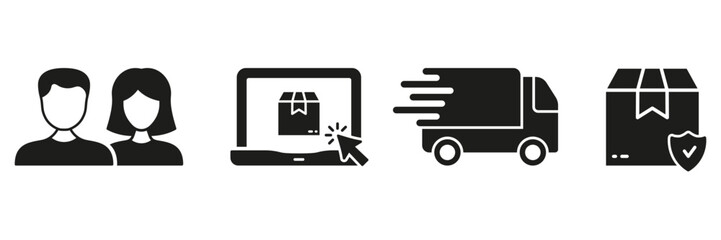 Ecommerce Silhouette Icon Set. Online Store Symbol Collection. Customer Order In Internet Supermarket Glyph Pictogram. Delivery Box Solid Sign. Isolated Vector Illustration