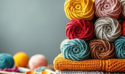Multicolored skeins of knitting thread on a blue background. Place for text