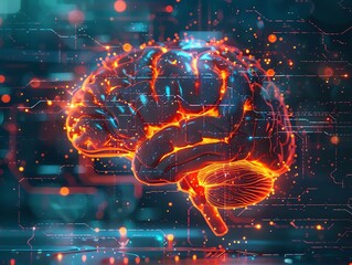 Abstract digital brain with glowing lines on a dark blue background.