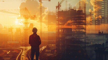 Engineer standing on a construction site with a double exposure of architectural drawings and a completed building skyline
