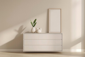 Interior, a modern chest of drawers against the wall in a stylish interior, made in light colors and minimalist style.