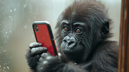 Monkey Holding Cell Phone and Looking at Screen
