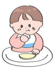 ベビーチェアに座っておにぎりを食べる男の子の赤ちゃんのイラスト