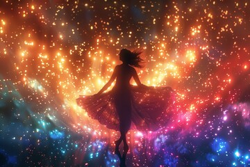 Obraz premium A woman in a flowy dress dances at night surrounded by vibrant, colorful light trails and sparkling effects.