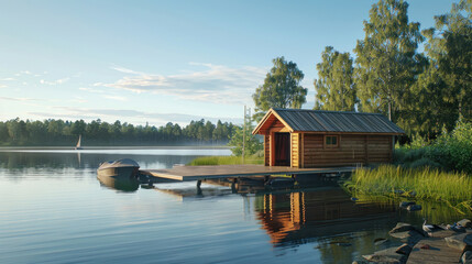 A picturesque scene of a wooden Finnish sauna hut by a calm lake, with a pier leading to boats, immersing the viewer in a peaceful summer sanctuary.