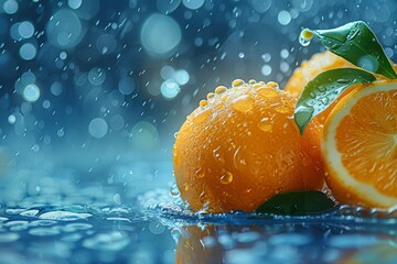 Fresh orange slices glistening with water droplets on a blue surface, creating a vibrant and...
