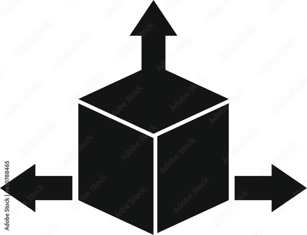 Poster graphic icon of a cube with arrows pointing outwards in four different directions
