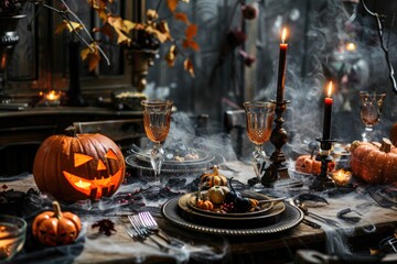 Spooky Halloween Pumpkin on Festive Decorated Table Amidst Cobwebs and Candles