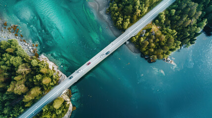 Aerial top view of a bridge road with cars crossing over a vibrant blue lake in summer Finland, capturing the scenic beauty and connectivity of the region.