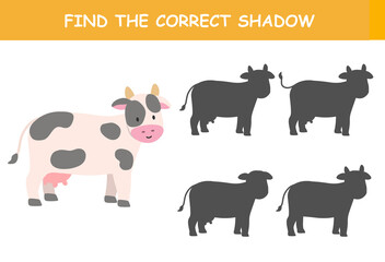 Find the correct shadow of the cute illustration of cow. Educational logic game for children. Printable worksheet.