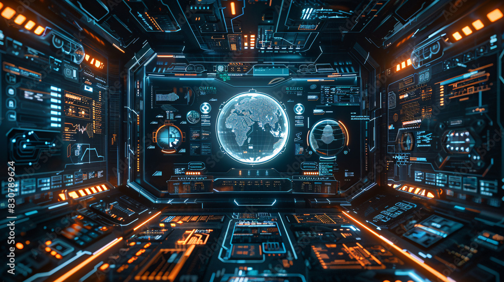 Poster digital workspace with futuristic tools and text area