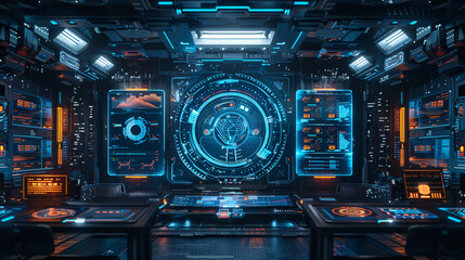 Digital workspace with futuristic tools and text area