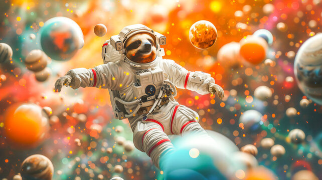 Cute sloth wear astronaut suit in galaxy ,Funny fantasy animal concept . - Powered by Adobe