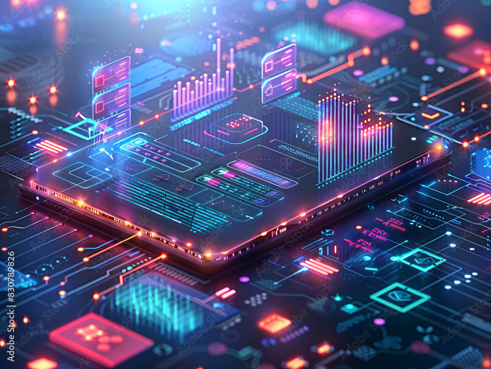 Poster tech startup concept with virtual elements and text area