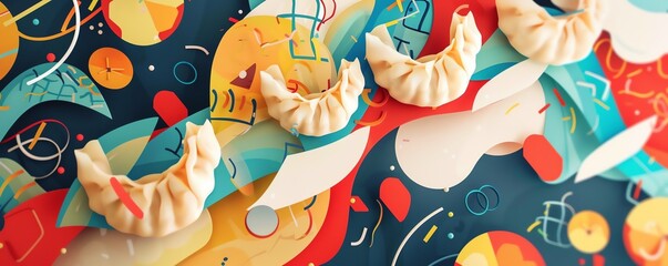 Close-up of steamed dumplings on a colorful patterned background.