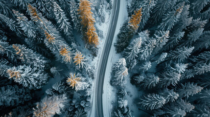 Bird's-eye view of a scenic road traversing a snowy forest in the Dolomites, Italy, captured with a drone, emphasizing the contrast between the white snow and dark trees.