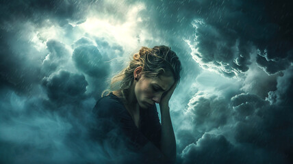 Surreal woman suffered from mental illness,overthinking,burnout syndrome,stressed,anxiety,mental illness concept.