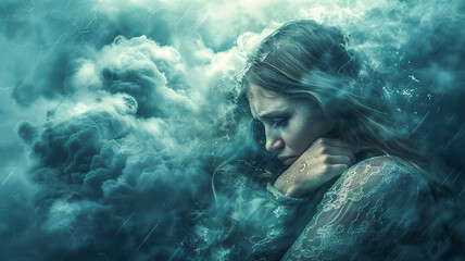 Surreal woman suffered from mental illness,overthinking,burnout syndrome,stressed,anxiety,mental illness concept.