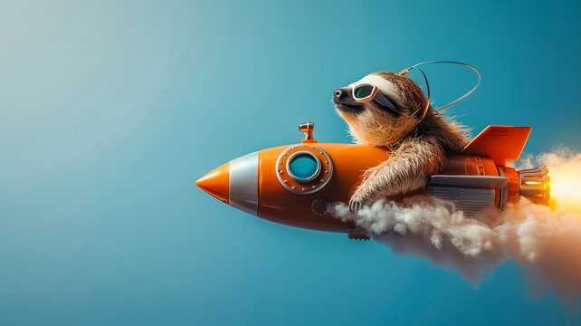 Cute sloth riding rocket studio shot , Fantasy funny animal concept .