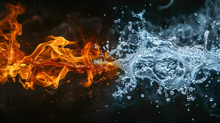 Hot red chili pepper in fire and blue water splash on black background Fire and water are isolated on black background. opposite energy, Generative AI

