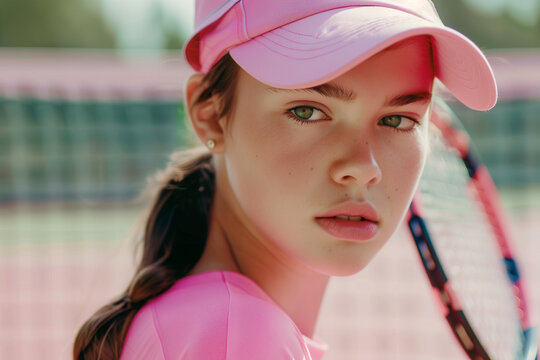 Beautiful girl teenager and athlete playing on tennis court.