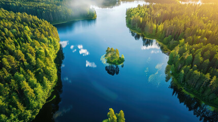 Breathtaking aerial vista of Finland's summer scenery, with blue lakes and rich green forests glowing under the warm sunlight, seen from a drone's vantage point.