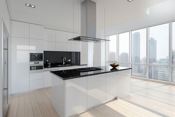 Fototapeta premium Design of a modern, stylish kitchen with a panoramic window, made in black and white colors and minimalist style. Advertising banner.