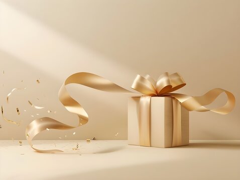 minimalistic product background with golden ribbon and gift box on beige surface, with light shadows, flying particles, in the style of realistic