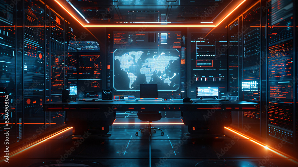 Poster virtual workspace with futuristic elements and text area