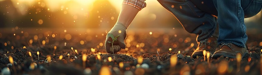 A farmer planting seeds in a field, close up, agriculture theme, realistic, double exposure, fertile farmland backdrop