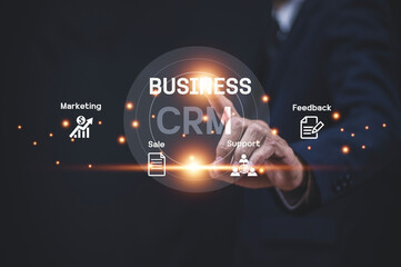 CRM Customer Relationship Management concept, Businessman using CRM software for business marketing, Customer management.