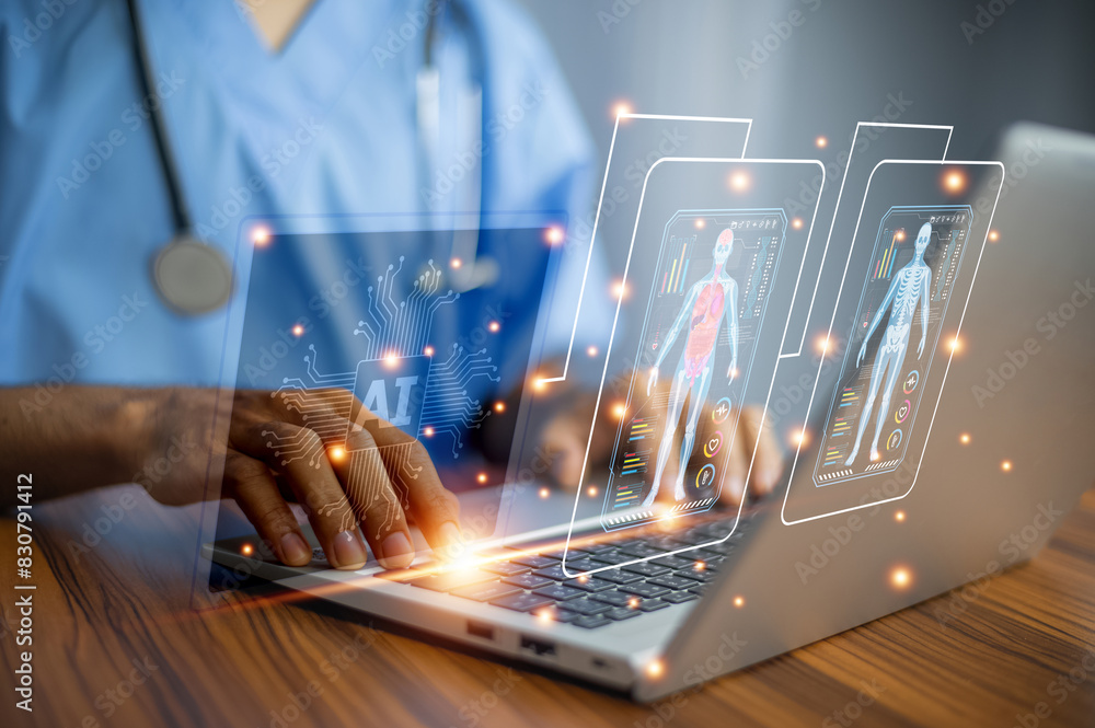 Aufkleber doctor using ai technology treatment patient and document management on computer system.modern ai te