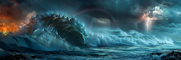 Apocalyptic dramatic background giant tsunami,
A wave in the water is rising up
